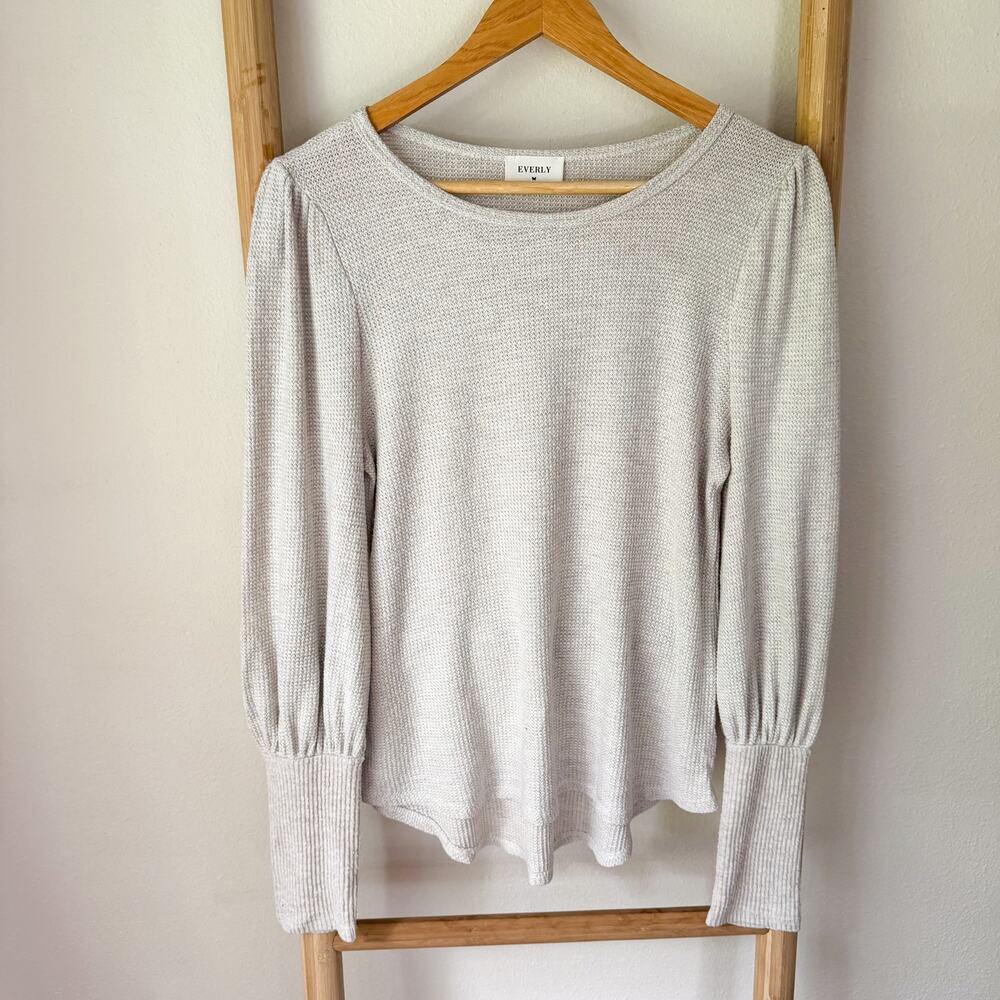 Everly Oatmeal Cream Waffle Knit Puff Sleeve Top Balloon Sleeve Sweater Large